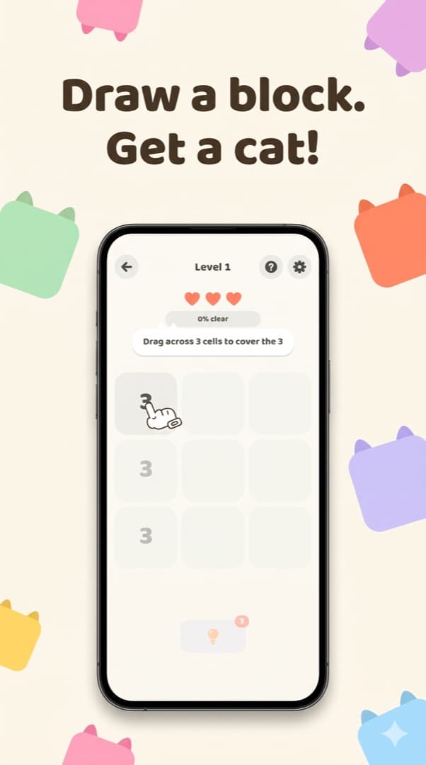 Level 1, with a hand showing how to drag across three cells