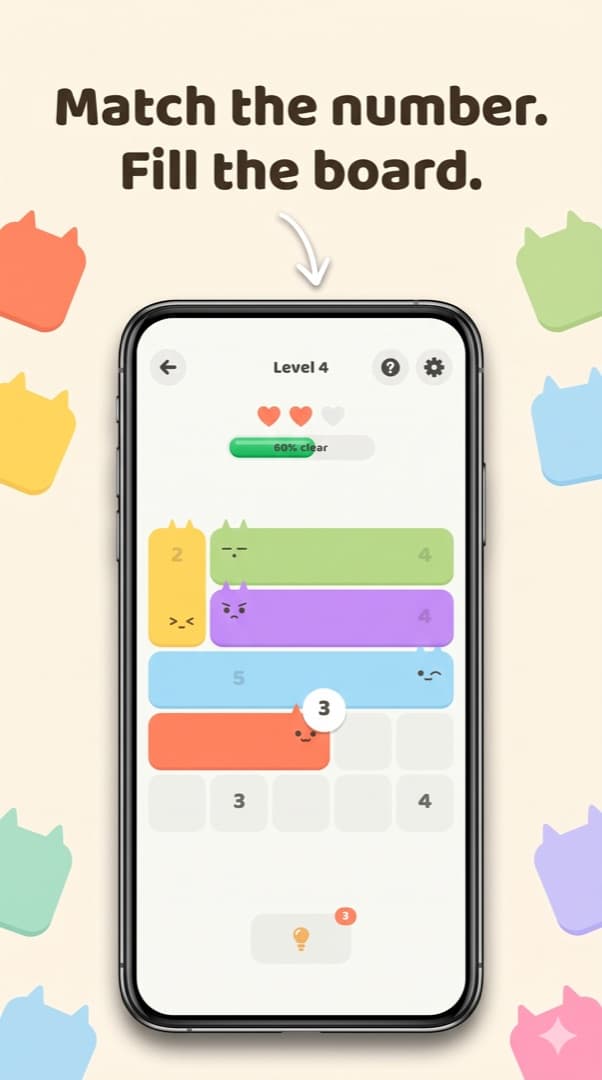 A board half filled with colourful cat blocks and a count bubble showing 3