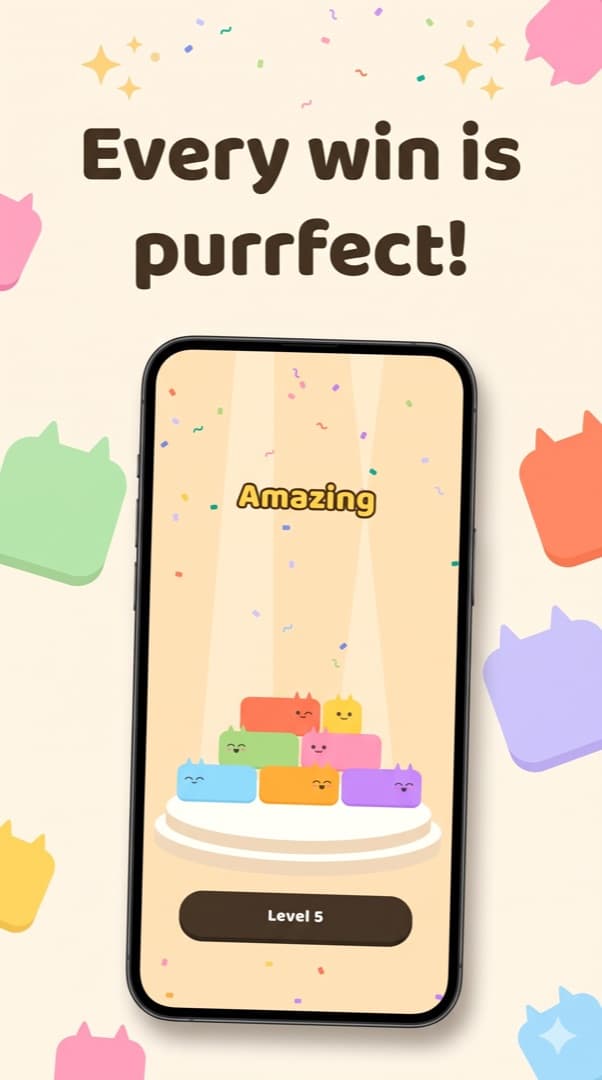 The win screen with happy cats piled on a pedestal and confetti