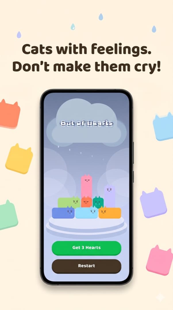 The out of hearts screen with sad cats under a rain cloud